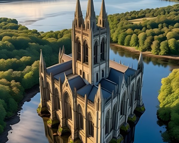 Gothic Cathedral Reflected in Serene Lake Landscape