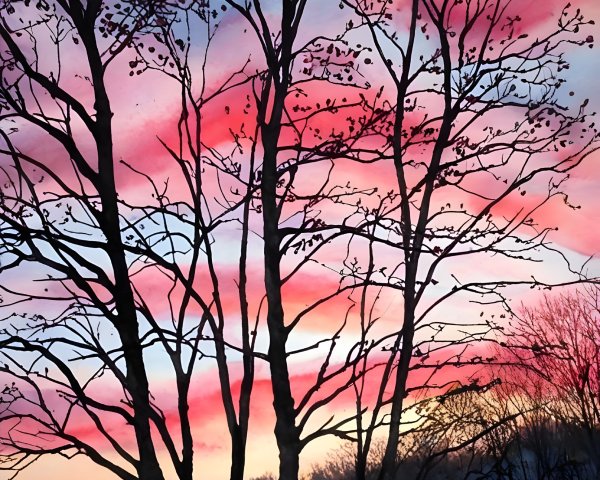 Twilight Landscape with Silhouetted Trees and Lake