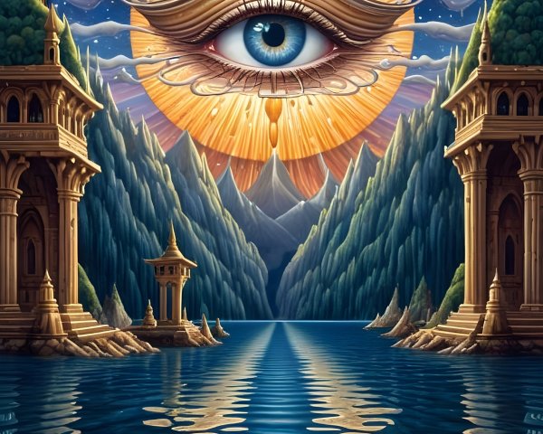 Surreal Landscape with Mountains and Reflective Lake