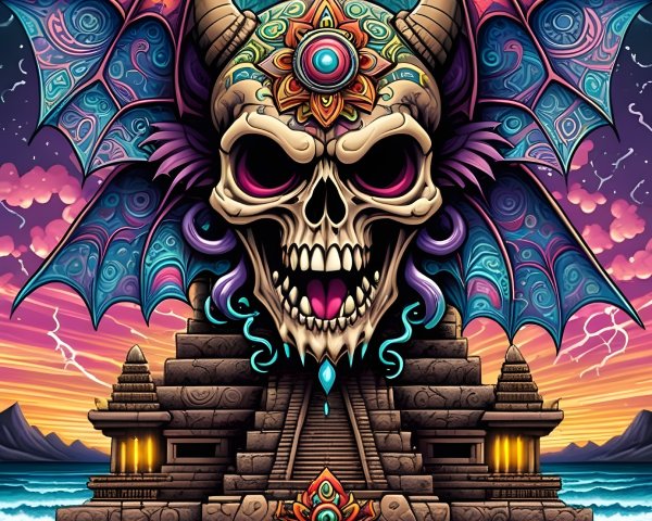 Surreal Illustration of Skull and Mystical Pyramid