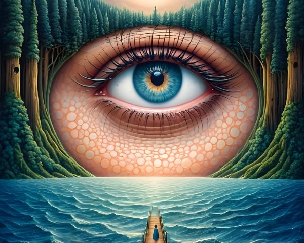 Surreal Landscape with Eye, Trees, and Golden Sun