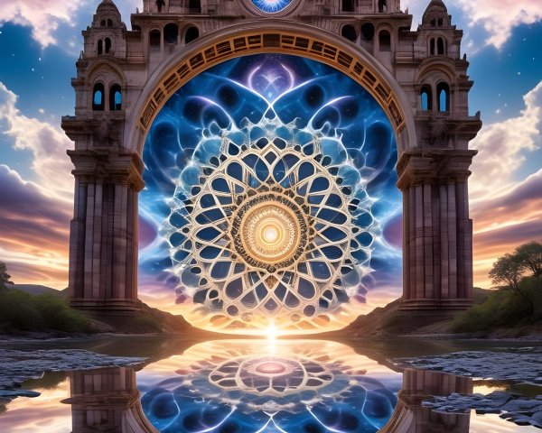 Grand Archway Under Cosmic Sky with Luminous Mandala