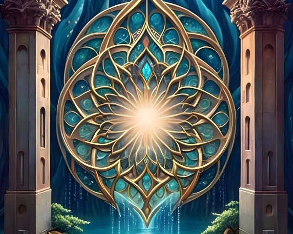 Golden Mandala Structure Amidst Serene Nature Scene