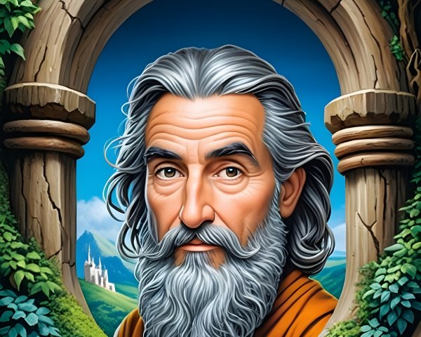 Elderly Man with Silver Hair and Castle Background