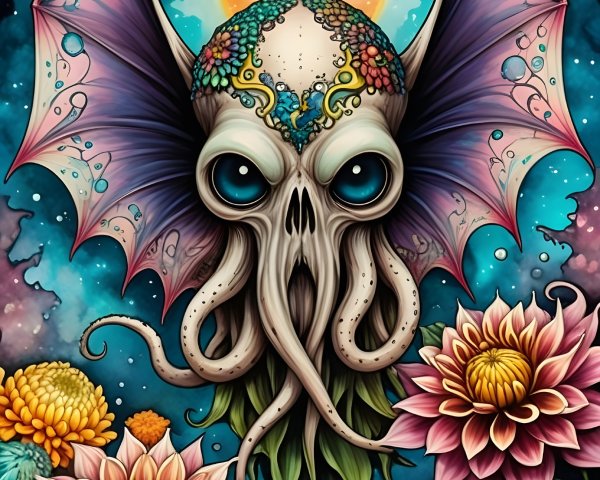 Surreal Cosmic Creature with Octopus Head and Wings