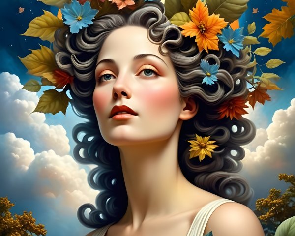 Serene Woman with Autumn Leaves and Moonlit Sky