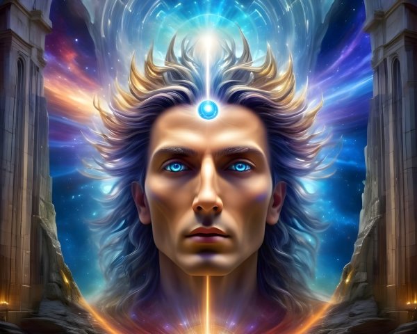 Mystical Man with Blue Eyes in Cosmic Background