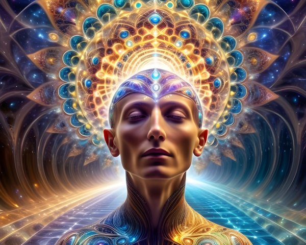 Serene Figure in Cosmic Landscape with Vibrant Colors