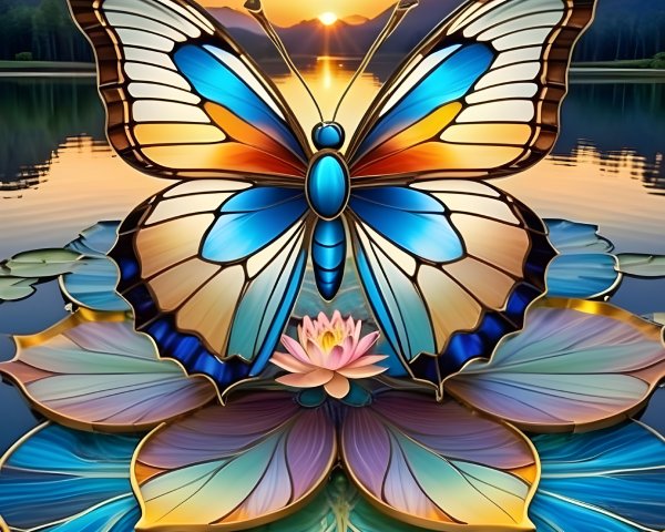 Butterfly on Lotus Flower in Serene Lake Setting