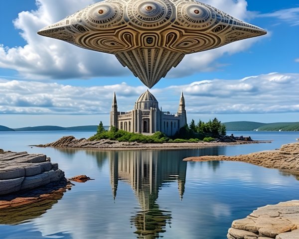 Surreal Landscape with Floating Saucer and Castle