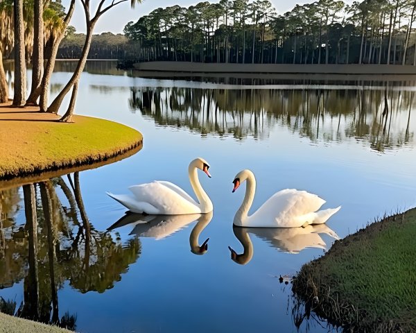 Elegant swans on a serene lake in morning light