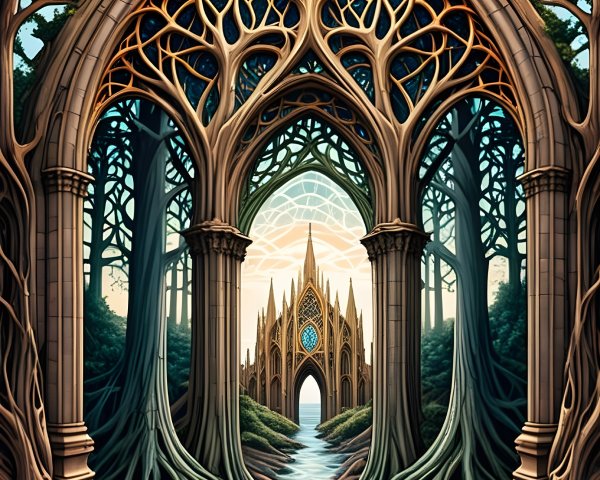 Mystical Landscape with Tree Arches and Gothic Structure