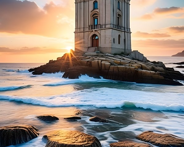Coastal Scene with Tower and Sunset Over Waves