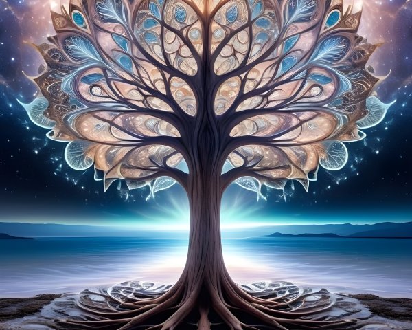 Majestic tree with luminous leaves by serene water