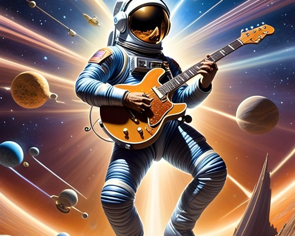 Astronaut with Guitar in Colorful Cosmic Scene
