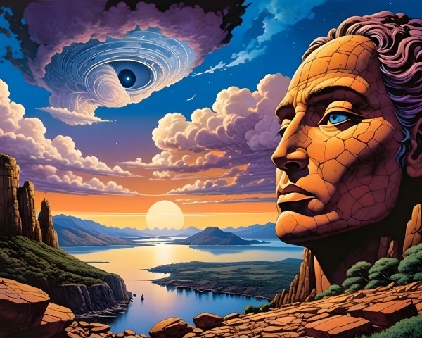 Fantasy Landscape with Rock Head and Sunset Scene