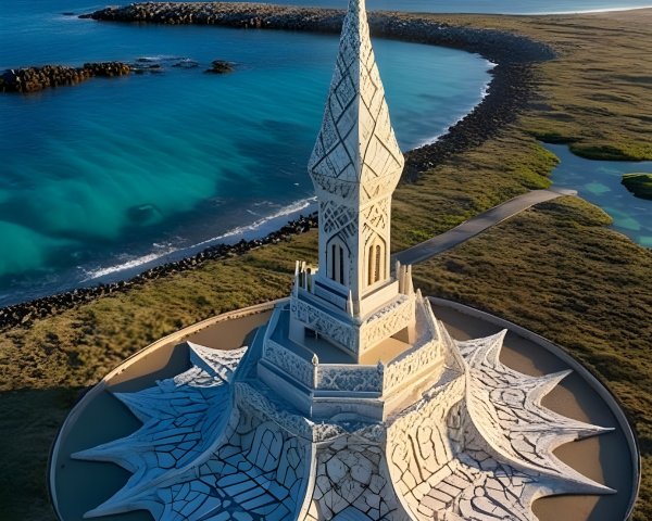 Majestic Sand Sculpture Against Blue Ocean Backdrop