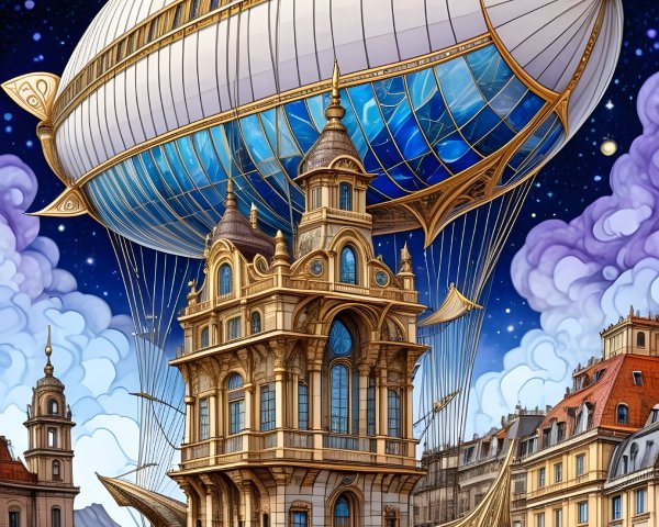 Steampunk Airship Over Neo-Classical City at Night