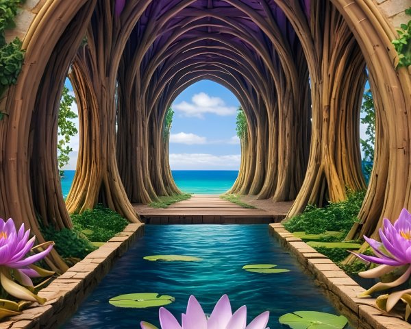 Grand Archway of Trees Leading to Calm Water Scene