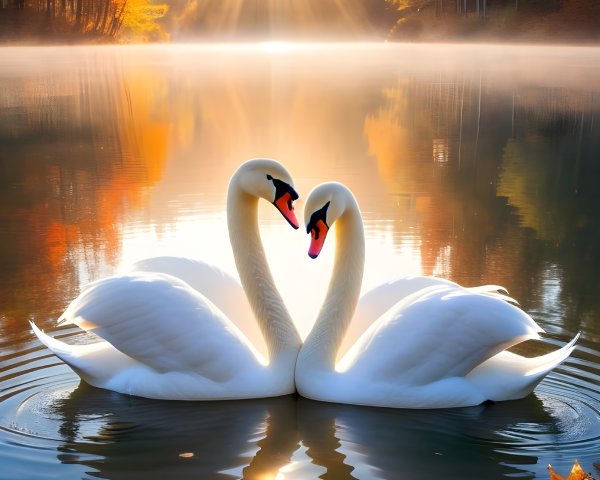 Elegant Swans on Serene Lake with Autumn Foliage