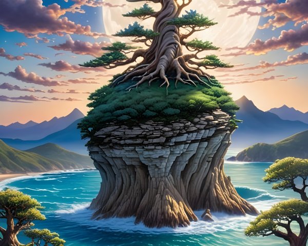 Serene Island Landscape with Twisted Tree and Moon