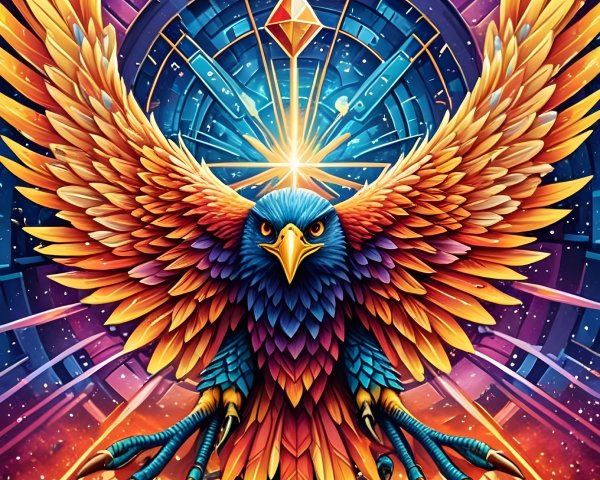 Vibrant Phoenix with Cosmic Backdrop and Patterns