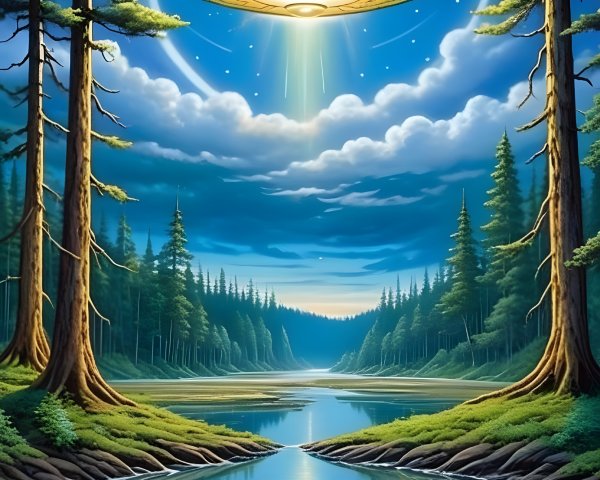 Serene forest with river and hovering UFO at twilight