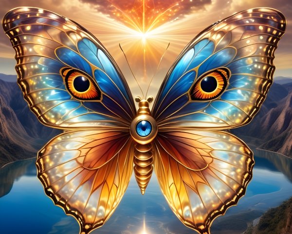 Majestic Butterfly Above Serene Lake at Sunset
