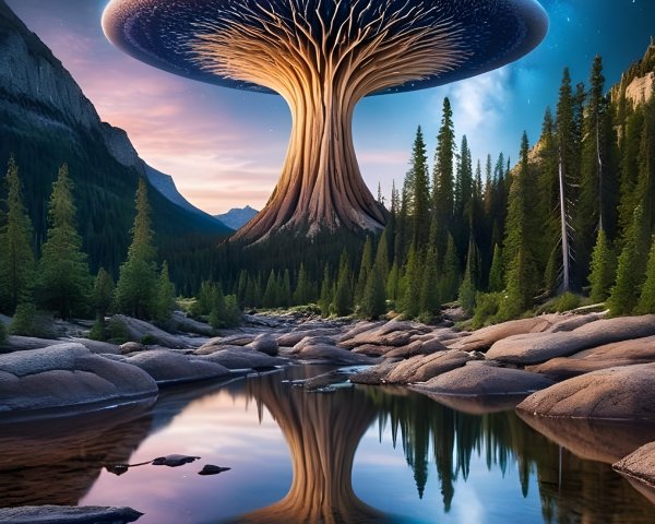 Futuristic Tree with Mushroom Cap in Serene Landscape