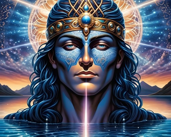 Humanoid Figure Emerging from Water in Cosmic Setting