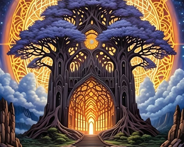 Ancient Tree Overlooking Mystical Landscape and Water