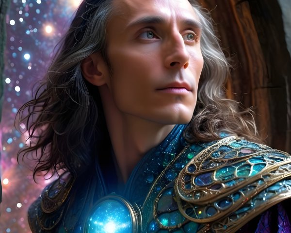 Detailed Description of a Man in Elaborate Costume