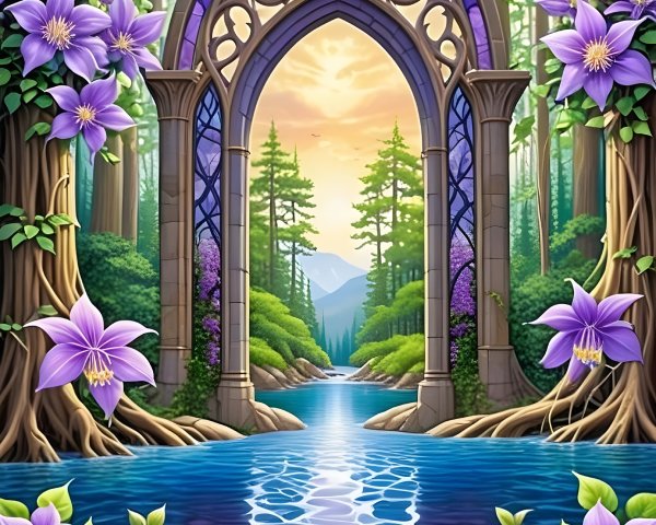 Ornate Stone Archway in Serene Sunset Landscape