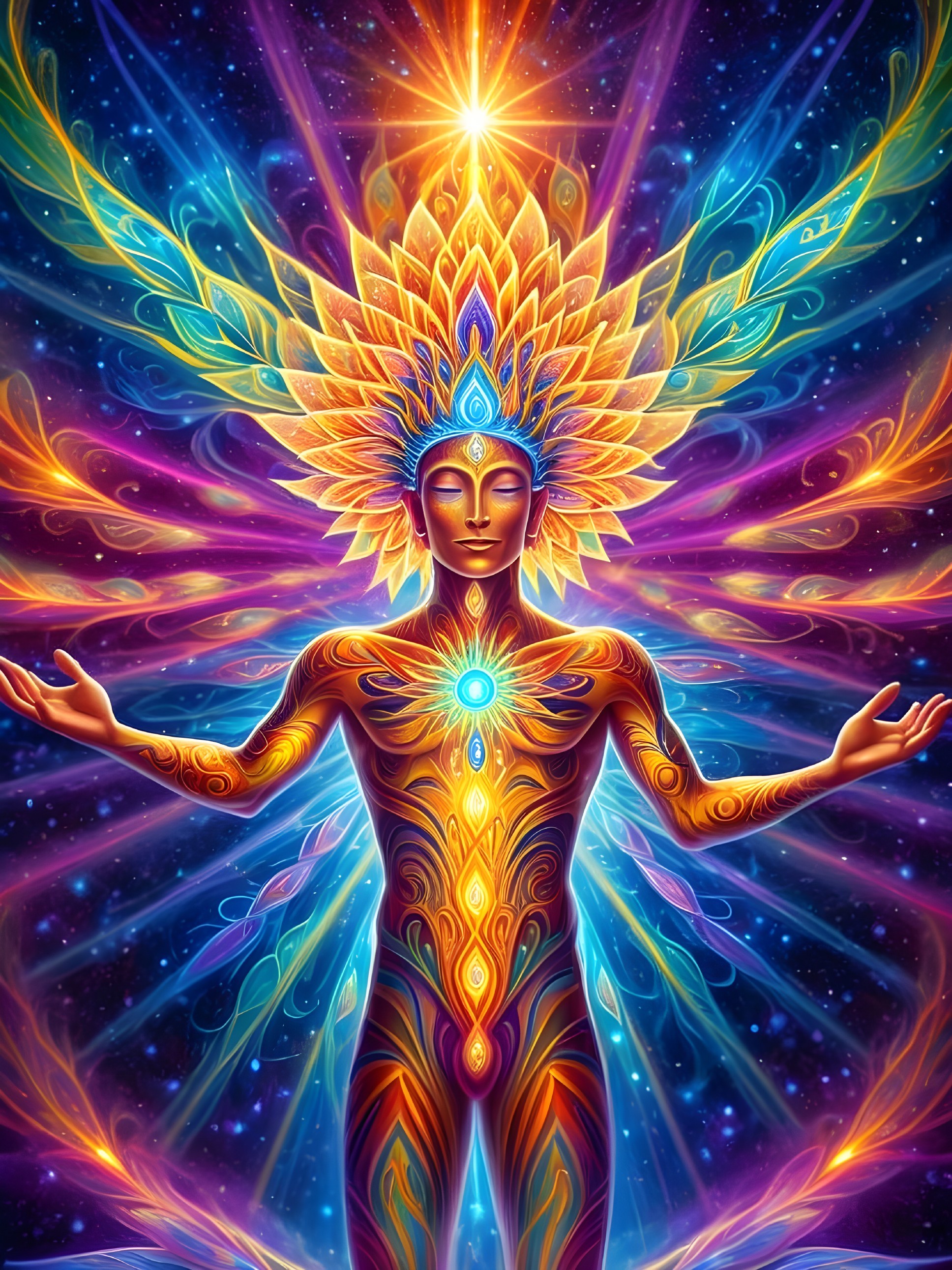 Radiant Figure with Ethereal Appearance and Cosmic Backdrop