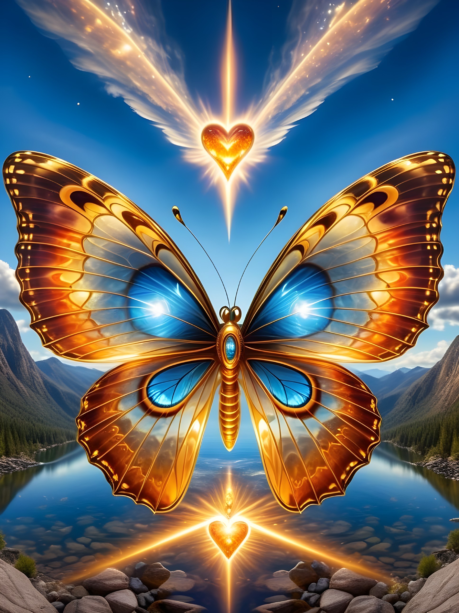 Vibrant Butterfly Over Tranquil Lake and Mountains