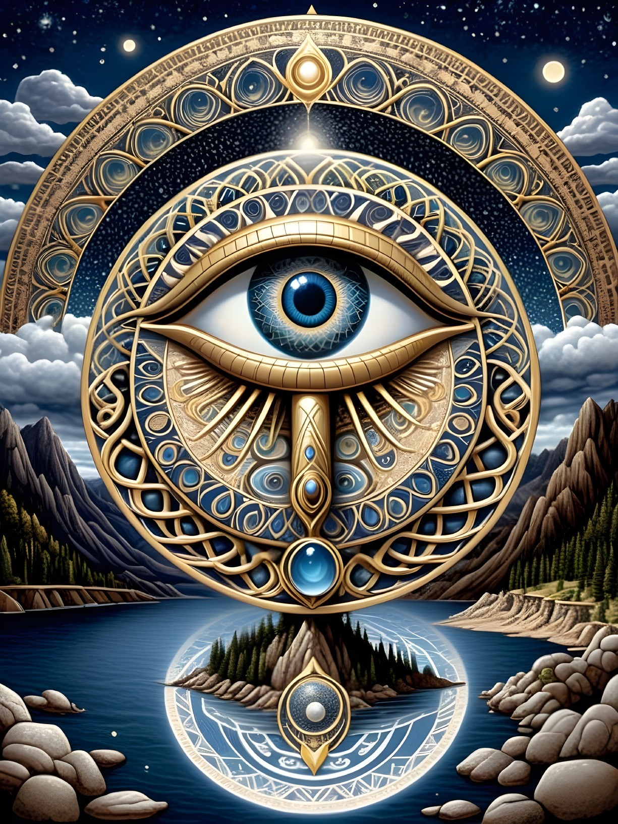 Intricate Eye Design with Geometric and Celestial Patterns