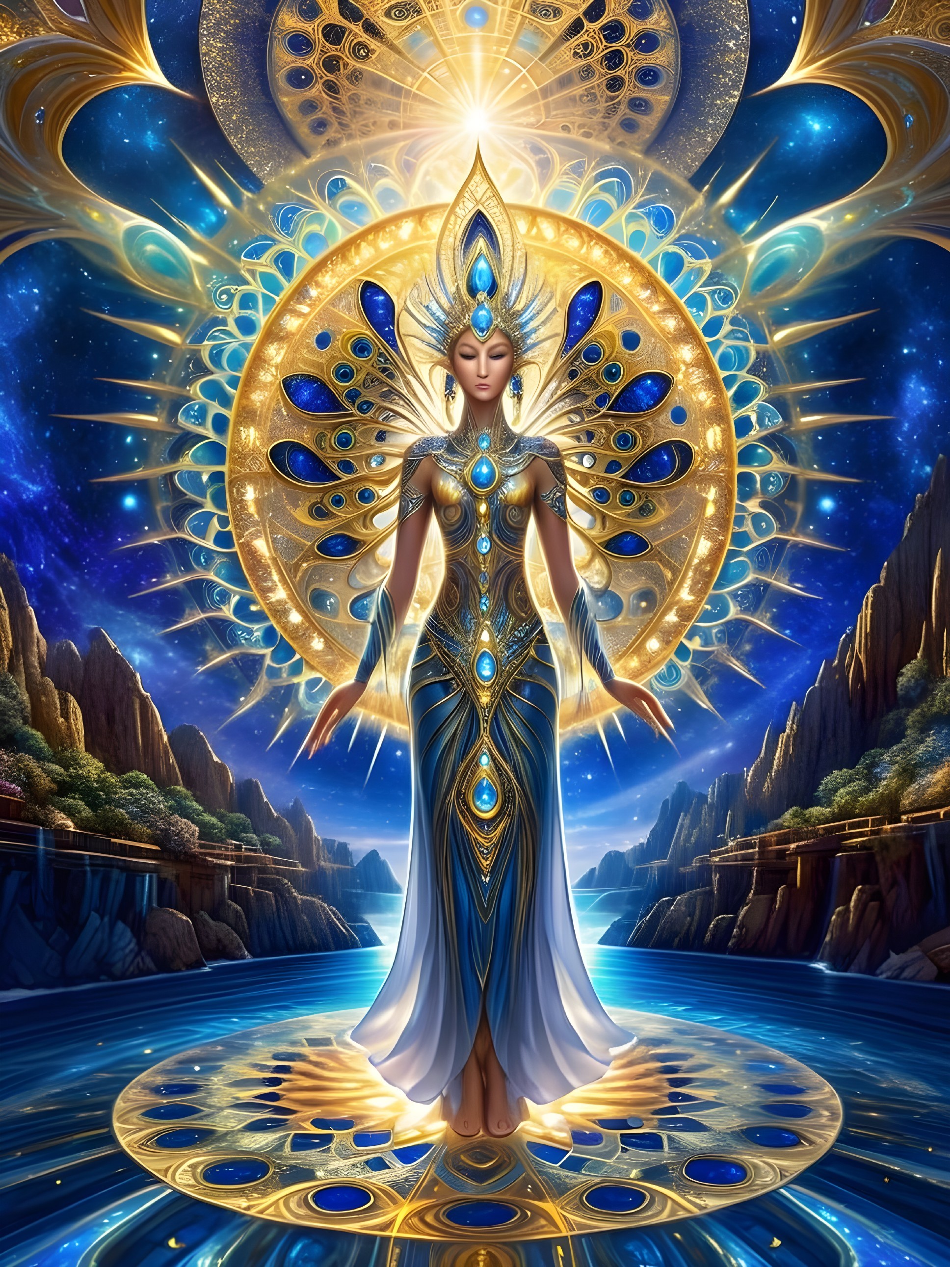 Ethereal figure in blue and gold gown against stars