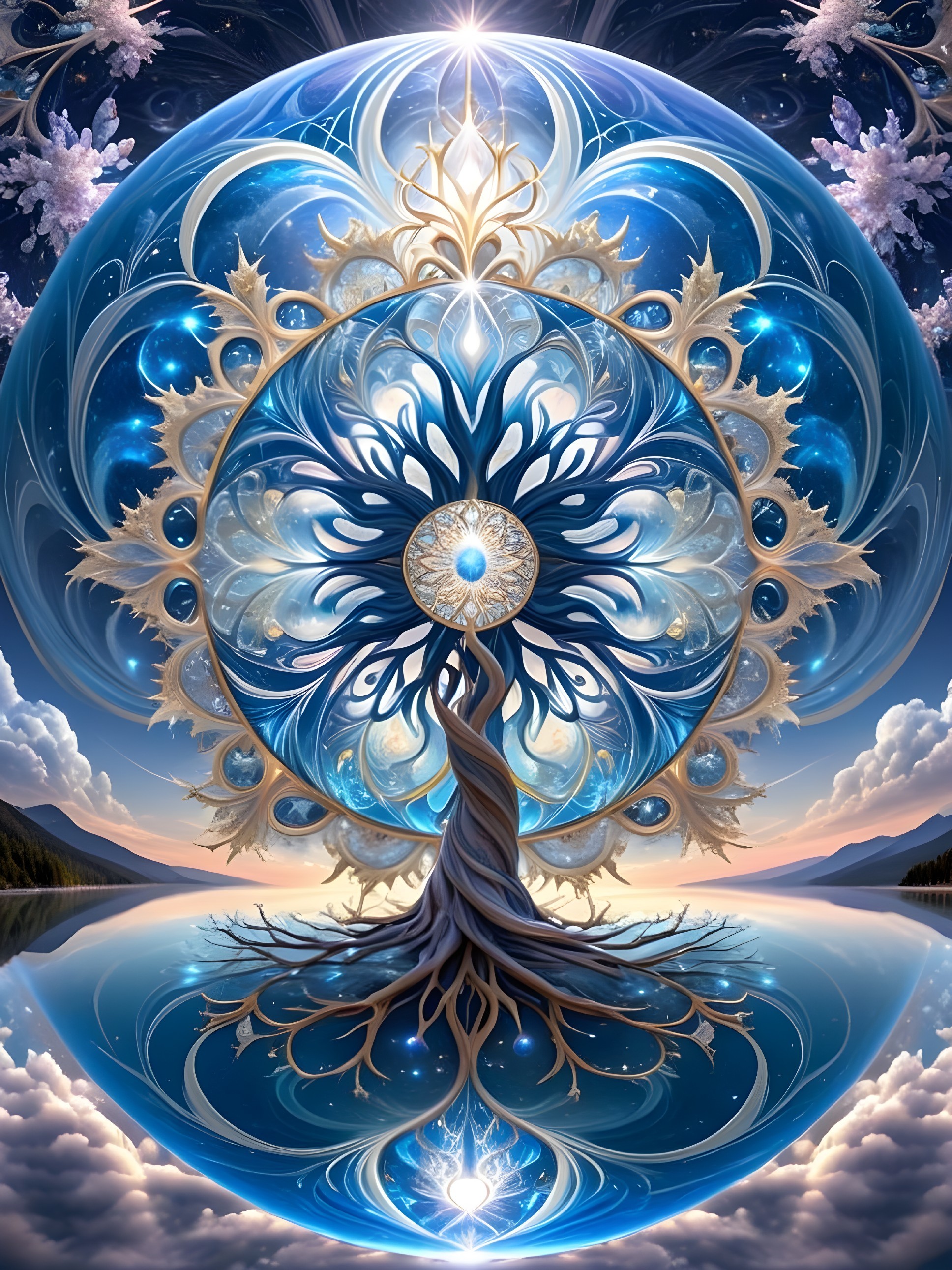 Celestial Tree and Reflective Orb in Surreal Landscape