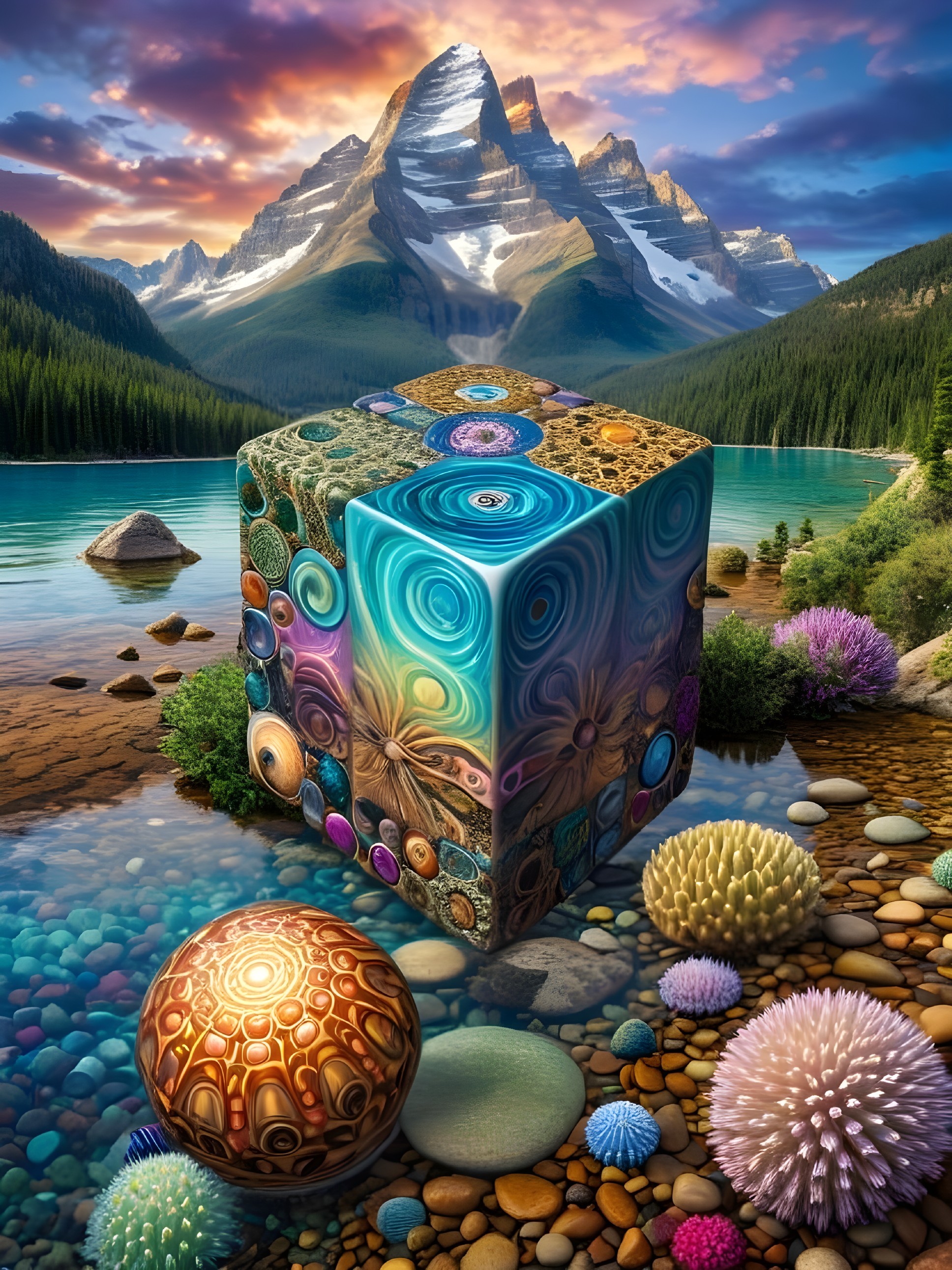 Surreal Landscape with Vibrant Cube and Colorful Spheres