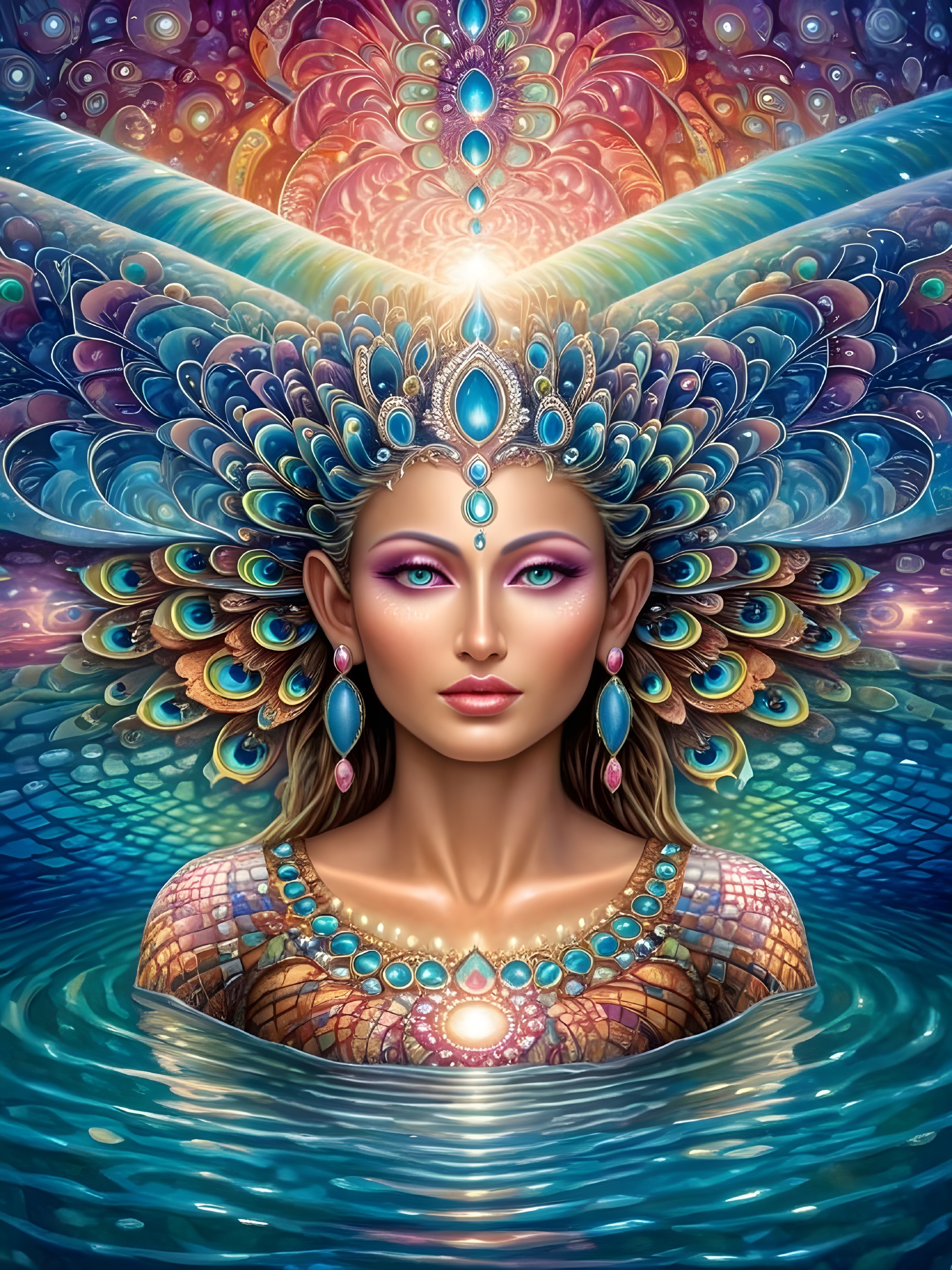 Woman in Water with Peacock Patterns and Cosmic Background