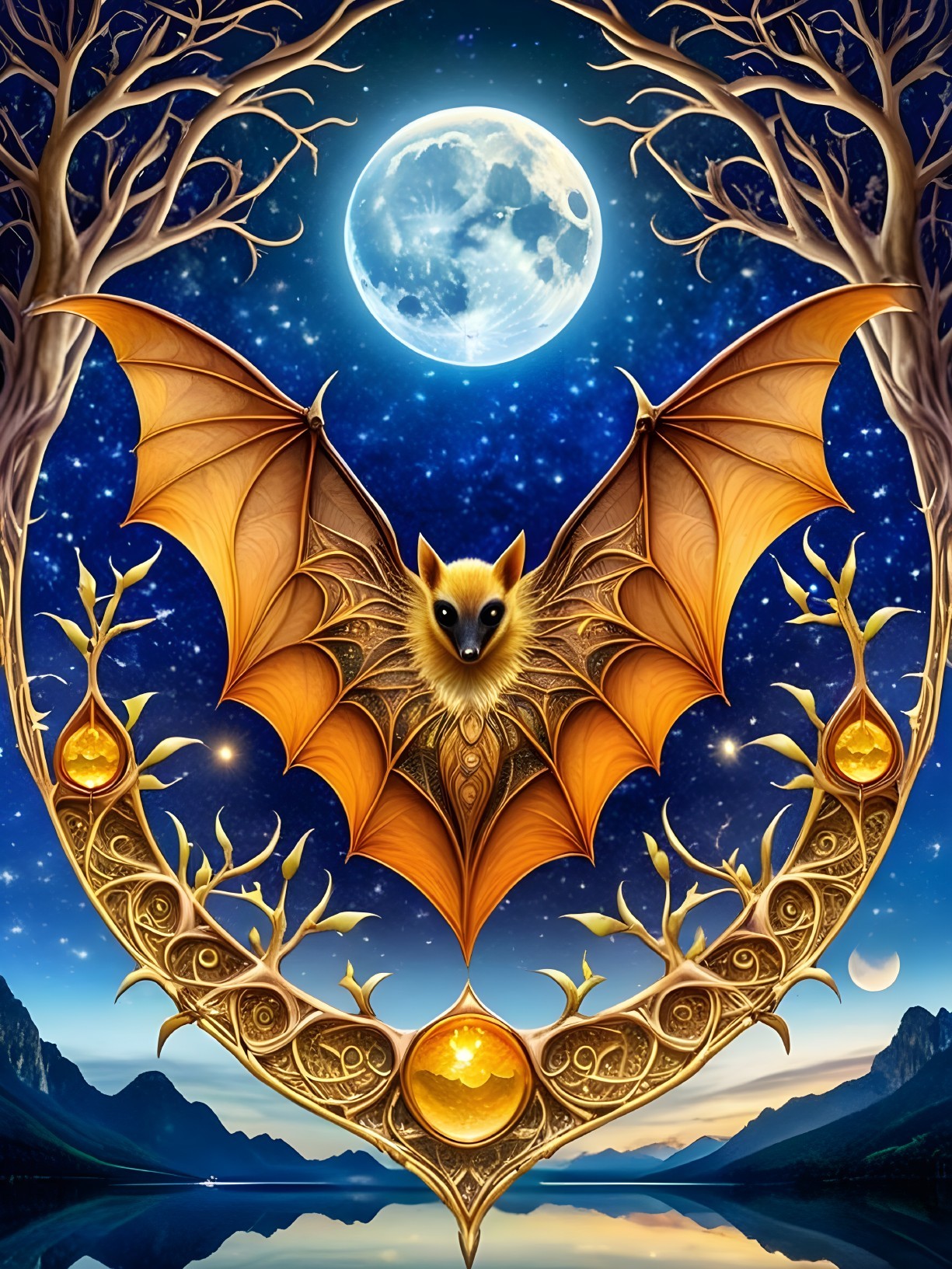 Mystical bat with golden wings under a full moon