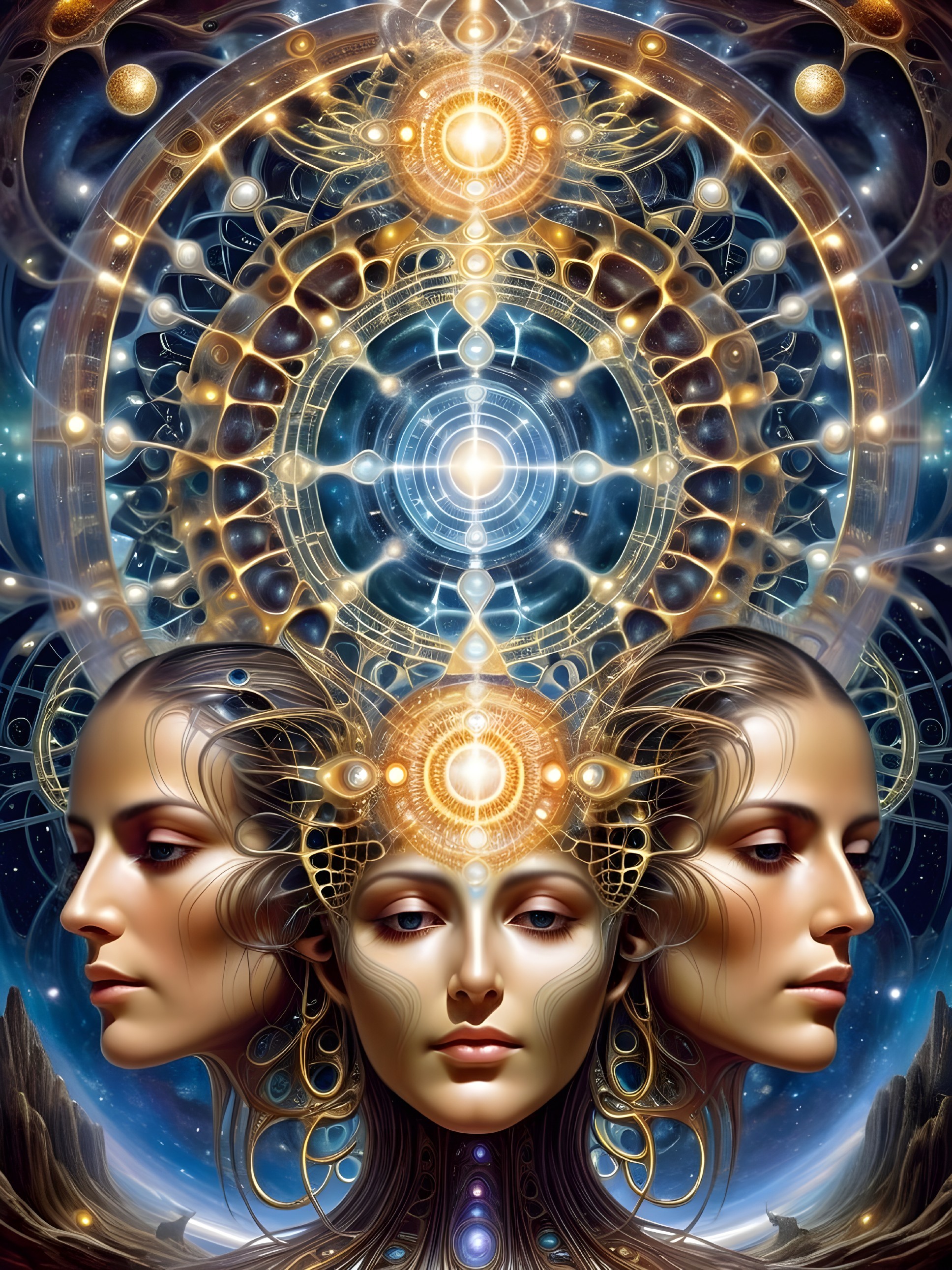 Cosmic Elements and Human Figures in Ethereal Artwork