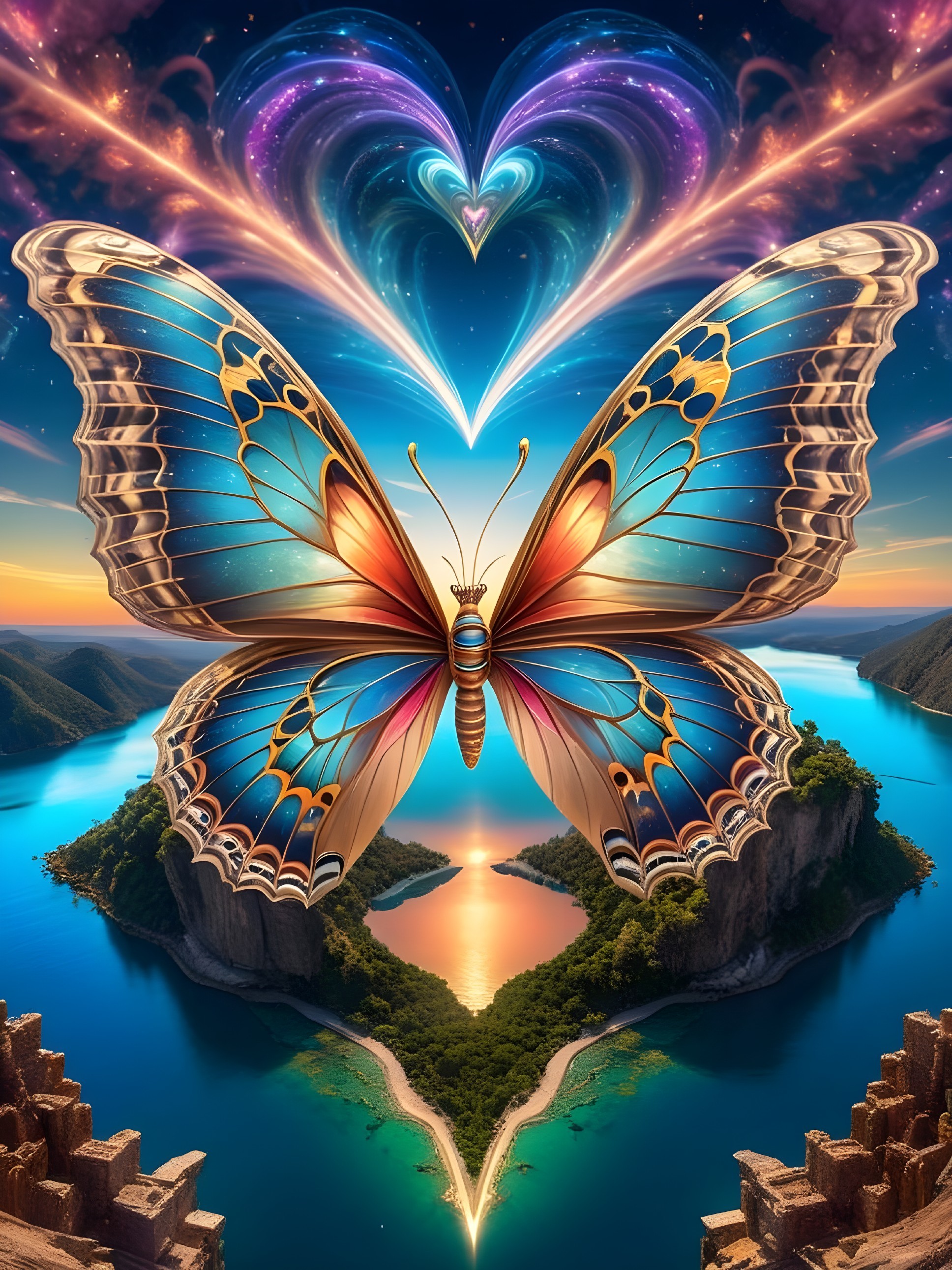 Butterfly with Blue and Gold Patterns Over Landscape