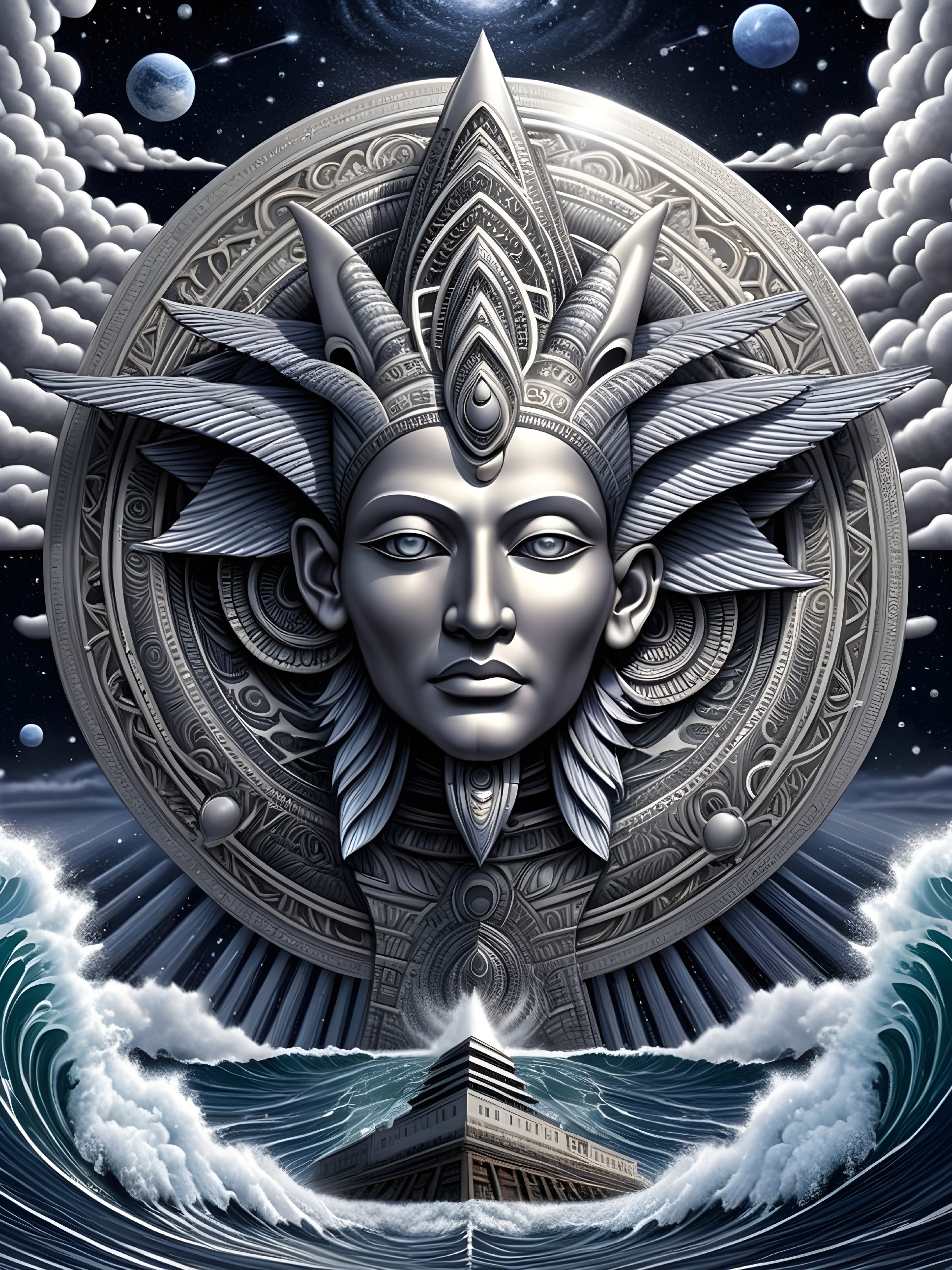 Majestic Face with Tribal Designs in Cosmic Setting