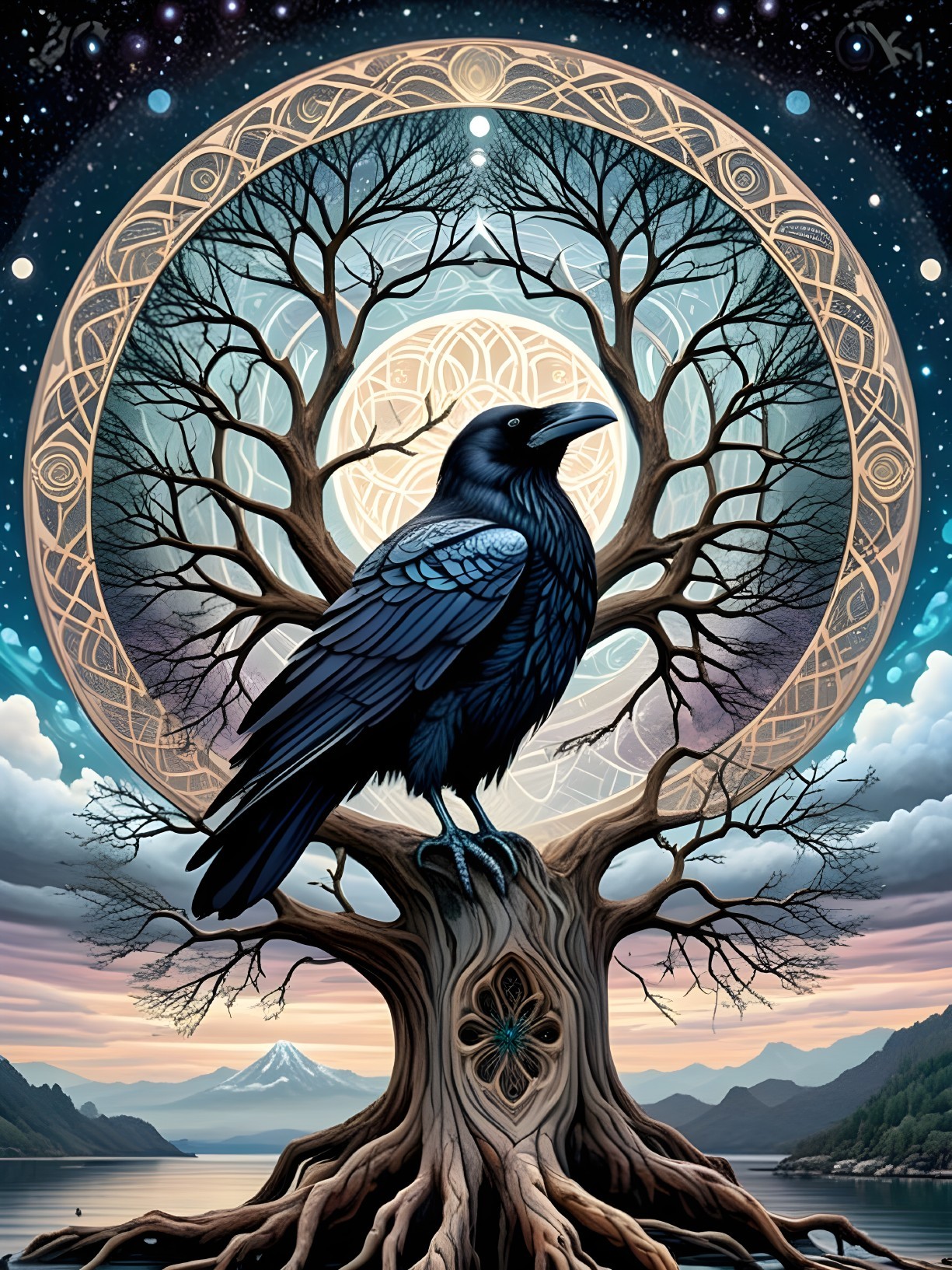 Raven on Mystical Tree Under Celestial Background