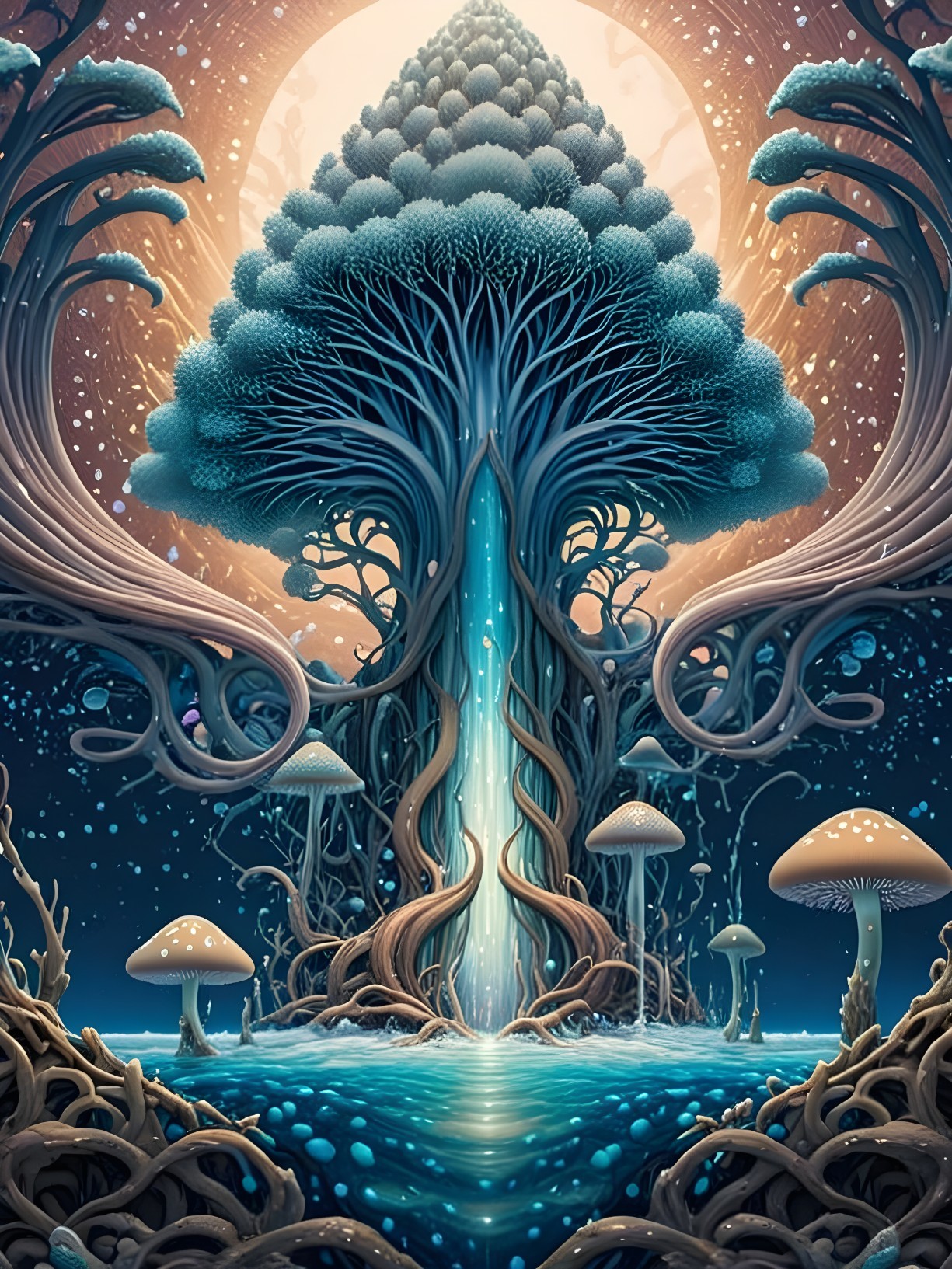 Mystical Tree with Waterfall and Whimsical Foliage