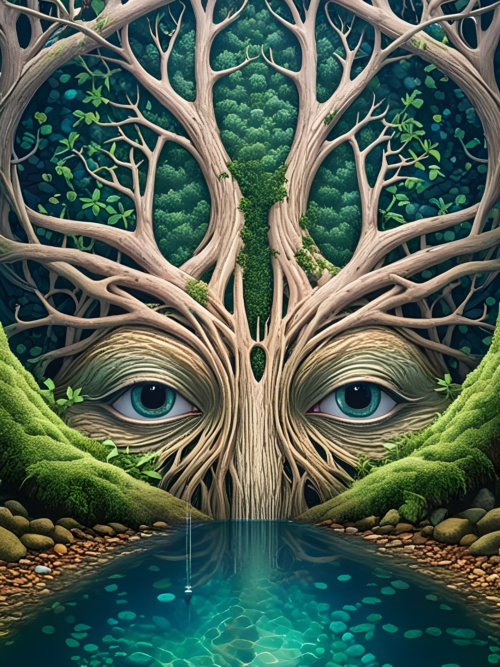 Majestic Tree with Twisting Branches and Reflective Water