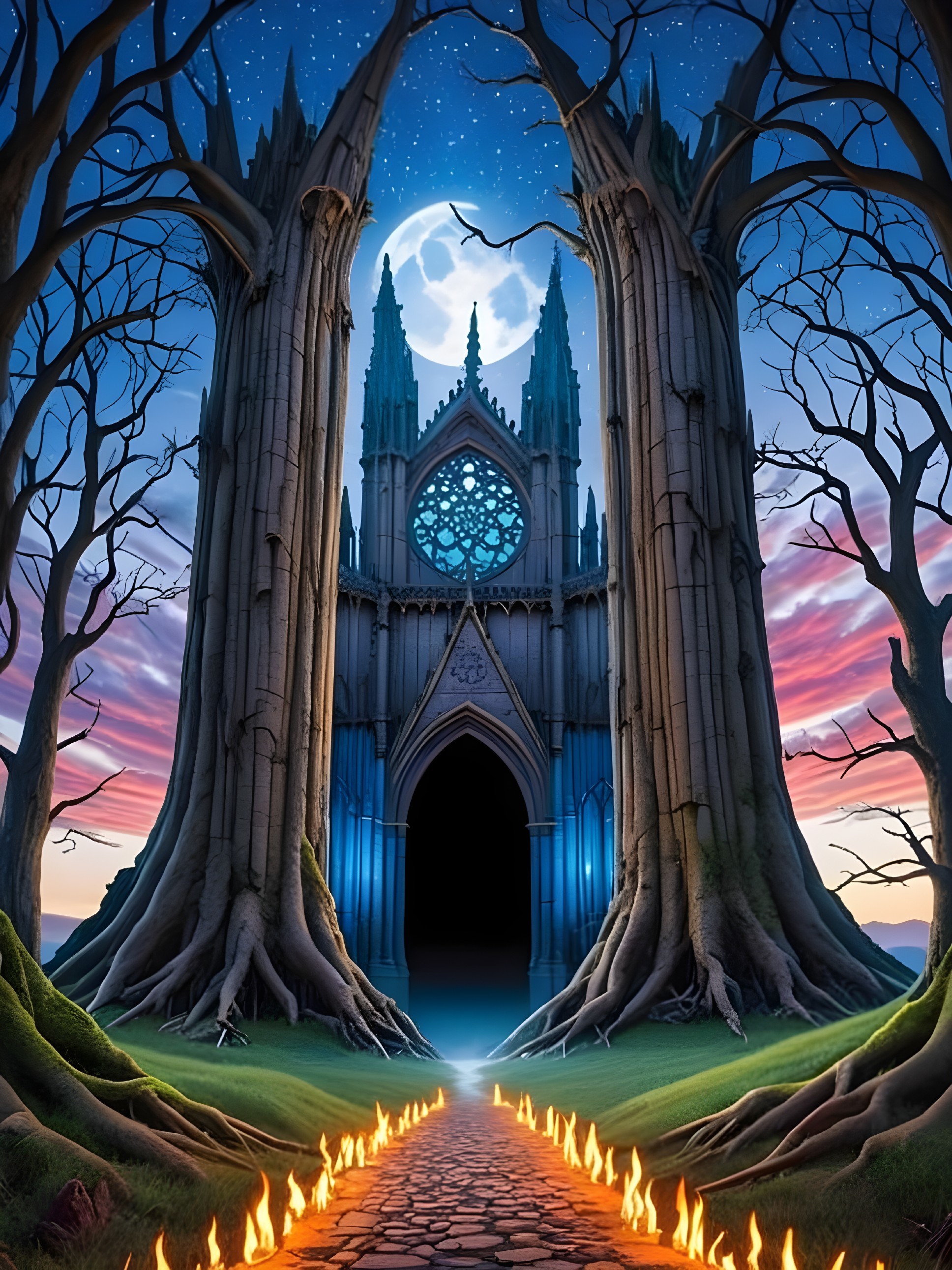 Mystical Medieval Cathedral Surrounded by Ancient Trees