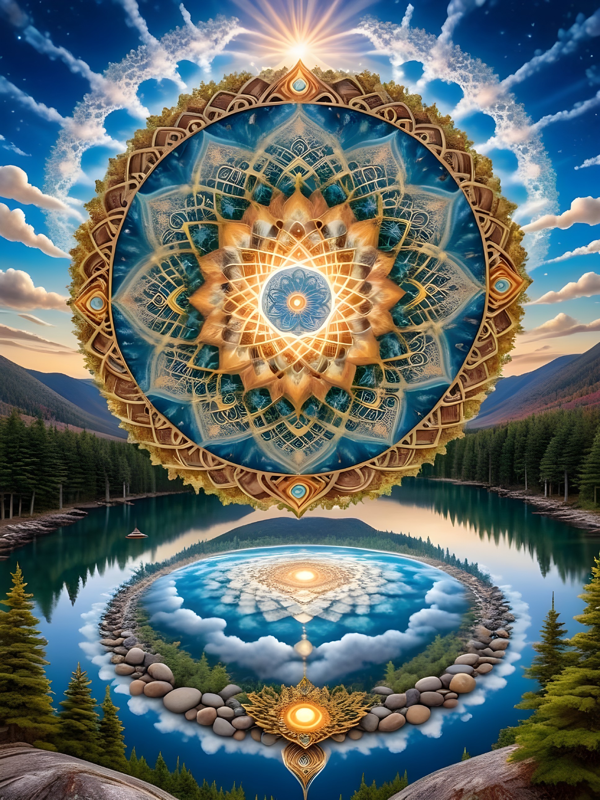 Surreal Landscape with Vibrant Mandala and Lake