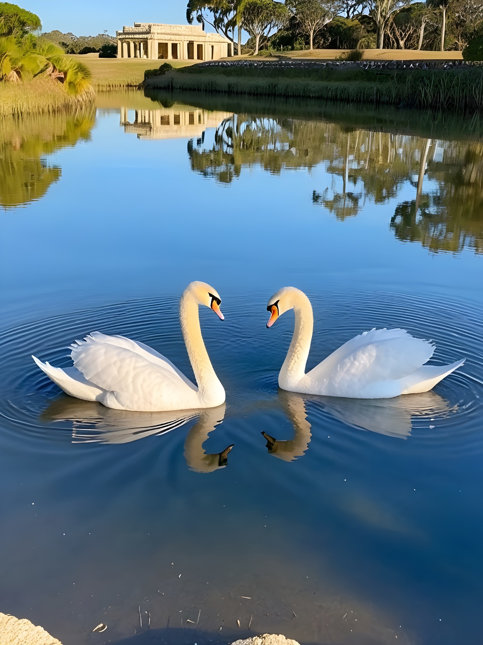 Elegant Swans on a Serene Pond with Classical Building